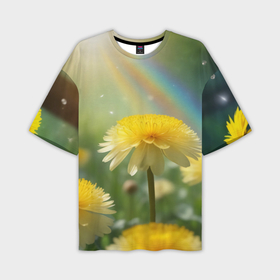 Мужская футболка oversize 3D с принтом Одуванчики в радужных лучах солнца ,  |  | 