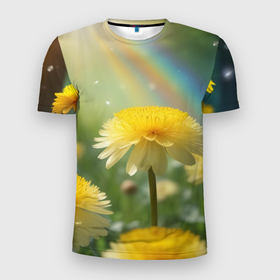 Мужская футболка 3D Slim с принтом Одуванчики в радужных лучах солнца в Кировске, 100% полиэстер с улучшенными характеристиками | приталенный силуэт, круглая горловина, широкие плечи, сужается к линии бедра | 