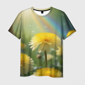 Мужская футболка 3D с принтом Одуванчики в радужных лучах солнца , 100% полиэфир | прямой крой, круглый вырез горловины, длина до линии бедер | Тематика изображения на принте: 