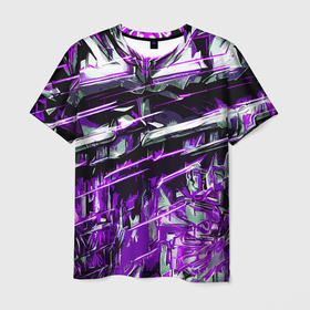 Мужская футболка 3D с принтом Агрессивный металл и фиолетовые линии в Новосибирске, 100% полиэфир | прямой крой, круглый вырез горловины, длина до линии бедер | Тематика изображения на принте: 
