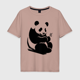 Мужская футболка хлопок Oversize с принтом Сидящая чёрная панда с бамбуком в Санкт-Петербурге, 100% хлопок | свободный крой, круглый ворот, “спинка” длиннее передней части | 