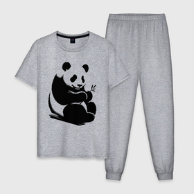 Мужская пижама хлопок с принтом Сидящая чёрная панда с бамбуком в Курске, 100% хлопок | брюки и футболка прямого кроя, без карманов, на брюках мягкая резинка на поясе и по низу штанин
 | Тематика изображения на принте: 