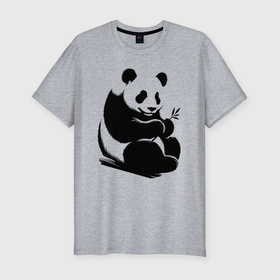 Мужская футболка хлопок Slim с принтом Сидящая чёрная панда с бамбуком в Курске, 92% хлопок, 8% лайкра | приталенный силуэт, круглый вырез ворота, длина до линии бедра, короткий рукав | Тематика изображения на принте: 