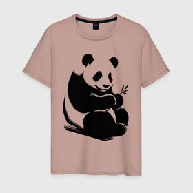 Мужская футболка хлопок с принтом Сидящая чёрная панда с бамбуком в Курске, 100% хлопок | прямой крой, круглый вырез горловины, длина до линии бедер, слегка спущенное плечо. | Тематика изображения на принте: 