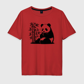 Мужская футболка хлопок Oversize с принтом Сидящая чёрная панда рядом с бамбуком в Курске, 100% хлопок | свободный крой, круглый ворот, “спинка” длиннее передней части | Тематика изображения на принте: 