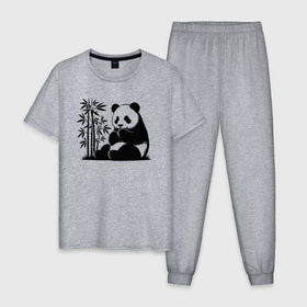 Мужская пижама хлопок с принтом Сидящая чёрная панда рядом с бамбуком в Кировске, 100% хлопок | брюки и футболка прямого кроя, без карманов, на брюках мягкая резинка на поясе и по низу штанин
 | 