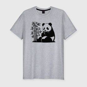 Мужская футболка хлопок Slim с принтом Сидящая чёрная панда рядом с бамбуком в Кировске, 92% хлопок, 8% лайкра | приталенный силуэт, круглый вырез ворота, длина до линии бедра, короткий рукав | 