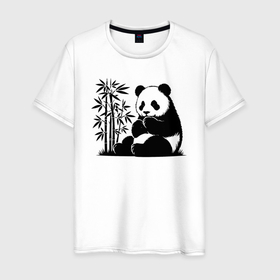 Мужская футболка хлопок с принтом Сидящая чёрная панда рядом с бамбуком в Кировске, 100% хлопок | прямой крой, круглый вырез горловины, длина до линии бедер, слегка спущенное плечо. | 