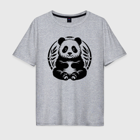 Мужская футболка хлопок Oversize с принтом Сидящая чёрная панда в позе лотоса , 100% хлопок | свободный крой, круглый ворот, “спинка” длиннее передней части | Тематика изображения на принте: 