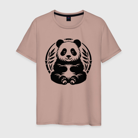 Мужская футболка хлопок с принтом Сидящая чёрная панда в позе лотоса , 100% хлопок | прямой крой, круглый вырез горловины, длина до линии бедер, слегка спущенное плечо. | Тематика изображения на принте: 