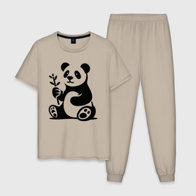 Мужская пижама хлопок с принтом Сидящая панда с бамбуком в лапе в Санкт-Петербурге, 100% хлопок | брюки и футболка прямого кроя, без карманов, на брюках мягкая резинка на поясе и по низу штанин
 | 