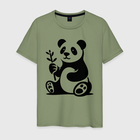 Мужская футболка хлопок с принтом Сидящая панда с бамбуком в лапе в Кировске, 100% хлопок | прямой крой, круглый вырез горловины, длина до линии бедер, слегка спущенное плечо. | 