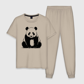 Мужская пижама хлопок с принтом Грустная панда сидит в Новосибирске, 100% хлопок | брюки и футболка прямого кроя, без карманов, на брюках мягкая резинка на поясе и по низу штанин
 | Тематика изображения на принте: 