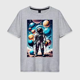 Мужская футболка хлопок Oversize с принтом Космонавт с воздушными шарами   нейросеть в Тюмени, 100% хлопок | свободный крой, круглый ворот, “спинка” длиннее передней части | 