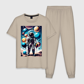 Мужская пижама хлопок с принтом Космонавт с воздушными шарами   нейросеть в Тюмени, 100% хлопок | брюки и футболка прямого кроя, без карманов, на брюках мягкая резинка на поясе и по низу штанин
 | 