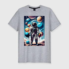 Мужская футболка хлопок Slim с принтом Космонавт с воздушными шарами   нейросеть в Тюмени, 92% хлопок, 8% лайкра | приталенный силуэт, круглый вырез ворота, длина до линии бедра, короткий рукав | 