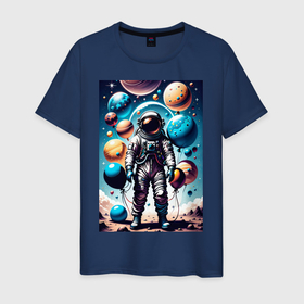 Мужская футболка хлопок с принтом Космонавт с воздушными шарами   нейросеть в Тюмени, 100% хлопок | прямой крой, круглый вырез горловины, длина до линии бедер, слегка спущенное плечо. | 