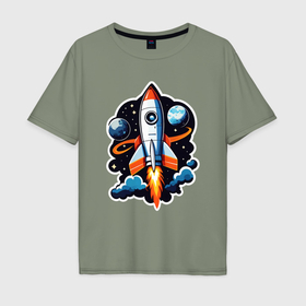 Мужская футболка хлопок Oversize с принтом Ракета в пространстве в Белгороде, 100% хлопок | свободный крой, круглый ворот, “спинка” длиннее передней части | 