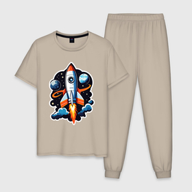 Мужская пижама хлопок с принтом Ракета в пространстве в Белгороде, 100% хлопок | брюки и футболка прямого кроя, без карманов, на брюках мягкая резинка на поясе и по низу штанин
 | 