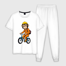 Мужская пижама хлопок с принтом Обезьяна на велосипеде в Екатеринбурге, 100% хлопок | брюки и футболка прямого кроя, без карманов, на брюках мягкая резинка на поясе и по низу штанин
 | 
