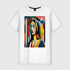 Мужская футболка хлопок Slim с принтом Мона Лиза в стиле Пабло Пикассо в Тюмени, 92% хлопок, 8% лайкра | приталенный силуэт, круглый вырез ворота, длина до линии бедра, короткий рукав | 