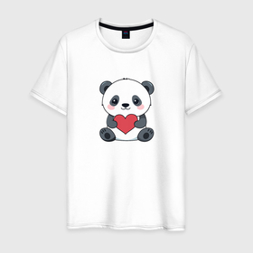 Мужская футболка хлопок с принтом Панда с красным сердечком в Новосибирске, 100% хлопок | прямой крой, круглый вырез горловины, длина до линии бедер, слегка спущенное плечо. | 