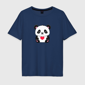 Мужская футболка хлопок Oversize с принтом Малыш панды с сердечком в Петрозаводске, 100% хлопок | свободный крой, круглый ворот, “спинка” длиннее передней части | 