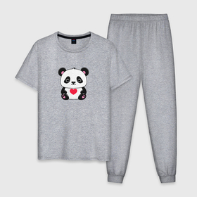 Мужская пижама хлопок с принтом Малыш панды с сердечком в Курске, 100% хлопок | брюки и футболка прямого кроя, без карманов, на брюках мягкая резинка на поясе и по низу штанин
 | Тематика изображения на принте: 