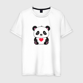 Мужская футболка хлопок с принтом Малыш панды с сердечком в Новосибирске, 100% хлопок | прямой крой, круглый вырез горловины, длина до линии бедер, слегка спущенное плечо. | 