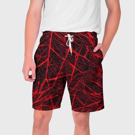 Мужские шорты 3D с принтом Красная паутина на чёрном фоне в Тюмени,  полиэстер 100% | прямой крой, два кармана без застежек по бокам. Мягкая трикотажная резинка на поясе, внутри которой широкие завязки. Длина чуть выше колен | 
