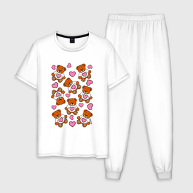 Мужская пижама хлопок с принтом Медвежата с розовыми сердечками в Тюмени, 100% хлопок | брюки и футболка прямого кроя, без карманов, на брюках мягкая резинка на поясе и по низу штанин
 | 