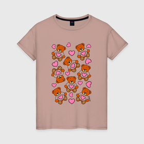Женская футболка хлопок с принтом Медвежата с розовыми сердечками в Курске, 100% хлопок | прямой крой, круглый вырез горловины, длина до линии бедер, слегка спущенное плечо | 
