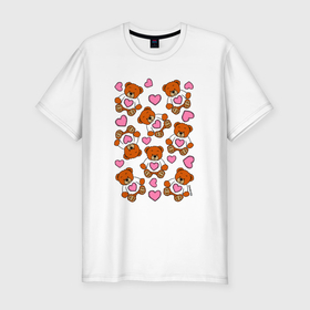 Мужская футболка хлопок Slim с принтом Медвежата с розовыми сердечками в Петрозаводске, 92% хлопок, 8% лайкра | приталенный силуэт, круглый вырез ворота, длина до линии бедра, короткий рукав | 
