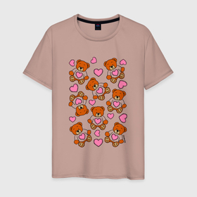 Мужская футболка хлопок с принтом Медвежата с розовыми сердечками в Тюмени, 100% хлопок | прямой крой, круглый вырез горловины, длина до линии бедер, слегка спущенное плечо. | 