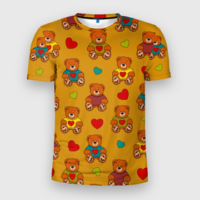 Мужская футболка 3D Slim с принтом Игрушечные мишки и разноцветные сердца в Тюмени, 100% полиэстер с улучшенными характеристиками | приталенный силуэт, круглая горловина, широкие плечи, сужается к линии бедра | 