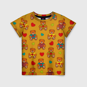 Детская футболка 3D с принтом Игрушечные мишки и разноцветные сердца в Кировске, 100% гипоаллергенный полиэфир | прямой крой, круглый вырез горловины, длина до линии бедер, чуть спущенное плечо, ткань немного тянется | 