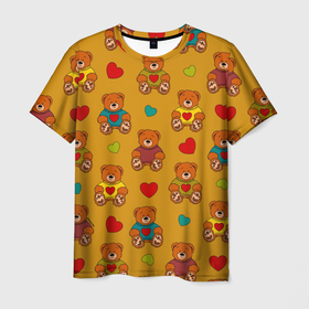 Мужская футболка 3D с принтом Игрушечные мишки и разноцветные сердца в Тюмени, 100% полиэфир | прямой крой, круглый вырез горловины, длина до линии бедер | 