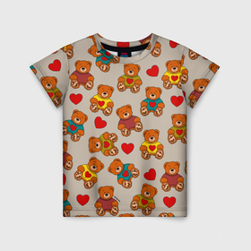 Детская футболка 3D с принтом Мишки в свитерах и сердечки в Кировске, 100% гипоаллергенный полиэфир | прямой крой, круглый вырез горловины, длина до линии бедер, чуть спущенное плечо, ткань немного тянется | 