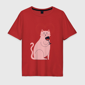 Мужская футболка хлопок Oversize с принтом Котик с вином в Тюмени, 100% хлопок | свободный крой, круглый ворот, “спинка” длиннее передней части | 
