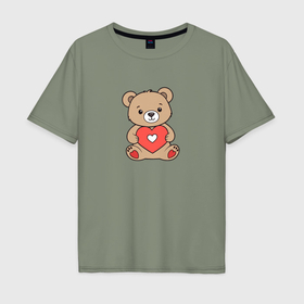 Мужская футболка хлопок Oversize с принтом Медвежонок с сердечком в Тюмени, 100% хлопок | свободный крой, круглый ворот, “спинка” длиннее передней части | 