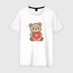 Мужская футболка хлопок с принтом Медвежонок с сердечком в Екатеринбурге, 100% хлопок | прямой крой, круглый вырез горловины, длина до линии бедер, слегка спущенное плечо. | 