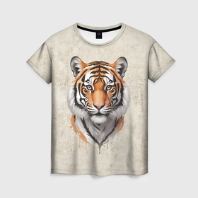 Женская футболка 3D с принтом Портрет тигр в Курске, 100% полиэфир ( синтетическое хлопкоподобное полотно) | прямой крой, круглый вырез горловины, длина до линии бедер | 