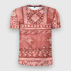 Мужская футболка 3D Slim с принтом Красный славянский орнамент в Тюмени, 100% полиэстер с улучшенными характеристиками | приталенный силуэт, круглая горловина, широкие плечи, сужается к линии бедра | Тематика изображения на принте: 