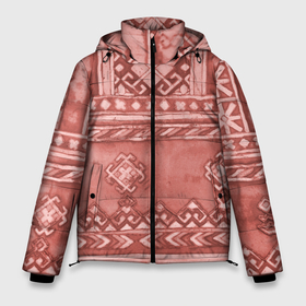 Мужская зимняя куртка 3D с принтом Красный славянский орнамент в Новосибирске, верх — 100% полиэстер; подкладка — 100% полиэстер; утеплитель — 100% полиэстер | длина ниже бедра, свободный силуэт Оверсайз. Есть воротник-стойка, отстегивающийся капюшон и ветрозащитная планка. 

Боковые карманы с листочкой на кнопках и внутренний карман на молнии. | Тематика изображения на принте: 