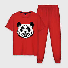 Мужская пижама хлопок с принтом Чёрно белая голова панды с оскалом в Новосибирске, 100% хлопок | брюки и футболка прямого кроя, без карманов, на брюках мягкая резинка на поясе и по низу штанин
 | 