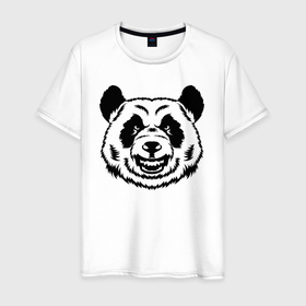 Мужская футболка хлопок с принтом Чёрно белая голова панды с оскалом в Екатеринбурге, 100% хлопок | прямой крой, круглый вырез горловины, длина до линии бедер, слегка спущенное плечо. | 