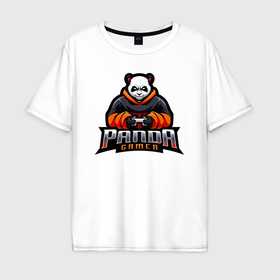 Мужская футболка хлопок Oversize с принтом Панда геймер с гейпадом в Петрозаводске, 100% хлопок | свободный крой, круглый ворот, “спинка” длиннее передней части | 