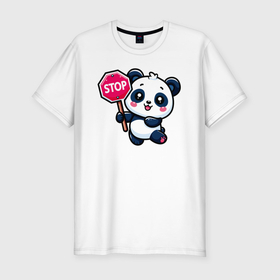 Мужская футболка хлопок Slim с принтом Милая панда со знаком стоп в Петрозаводске, 92% хлопок, 8% лайкра | приталенный силуэт, круглый вырез ворота, длина до линии бедра, короткий рукав | 