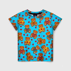 Детская футболка 3D с принтом Мишки в цветных свитерах и сердечки в Санкт-Петербурге, 100% гипоаллергенный полиэфир | прямой крой, круглый вырез горловины, длина до линии бедер, чуть спущенное плечо, ткань немного тянется | 