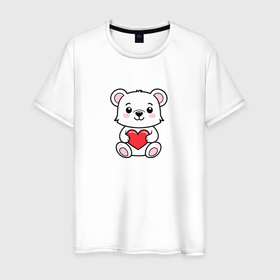 Мужская футболка хлопок с принтом Белый медвежонок с сердечком в Белгороде, 100% хлопок | прямой крой, круглый вырез горловины, длина до линии бедер, слегка спущенное плечо. | 